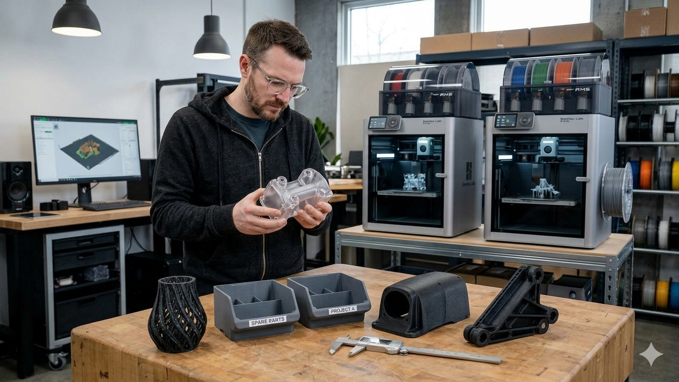 a man inspecting a replacement 3d printed part for a customer with 3d printers supplies and computer in the background